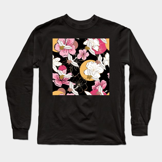 Crane flower pattern Long Sleeve T-Shirt by LittleNippon